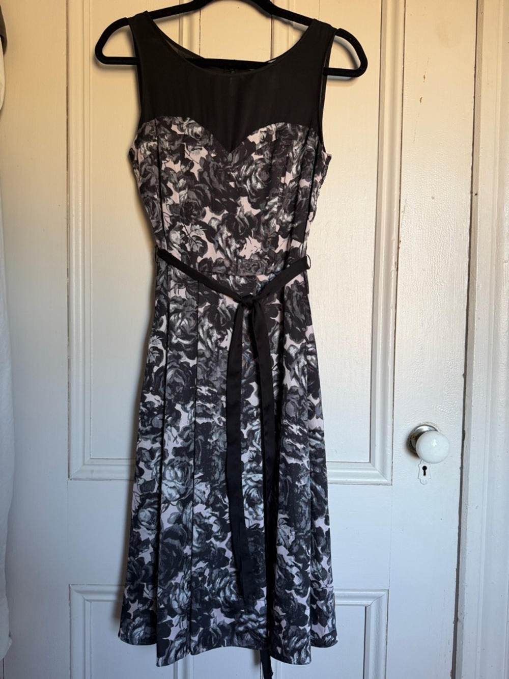 H&M Black & Blush Pink Floral Midi Dress with Sheer Yoke